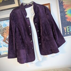 Roz & Ali Rich Plum Velvety Corduroy Blazer,3/4 Sleeve, Military Buttons, Medium
